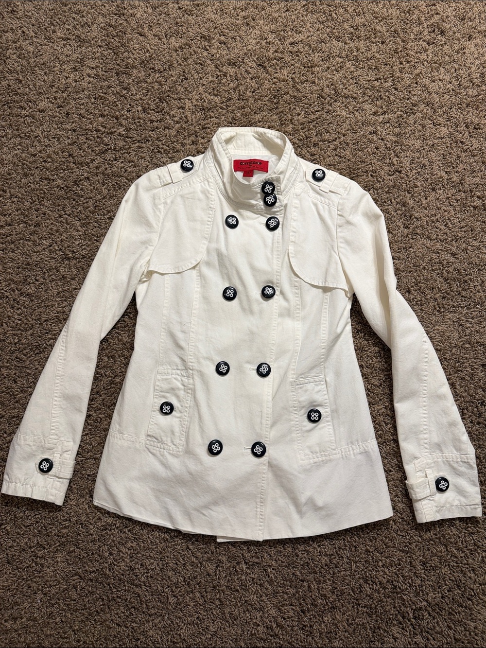 CoffeeShop Ivory Double-Breasted Pea Coat with Black Buttons